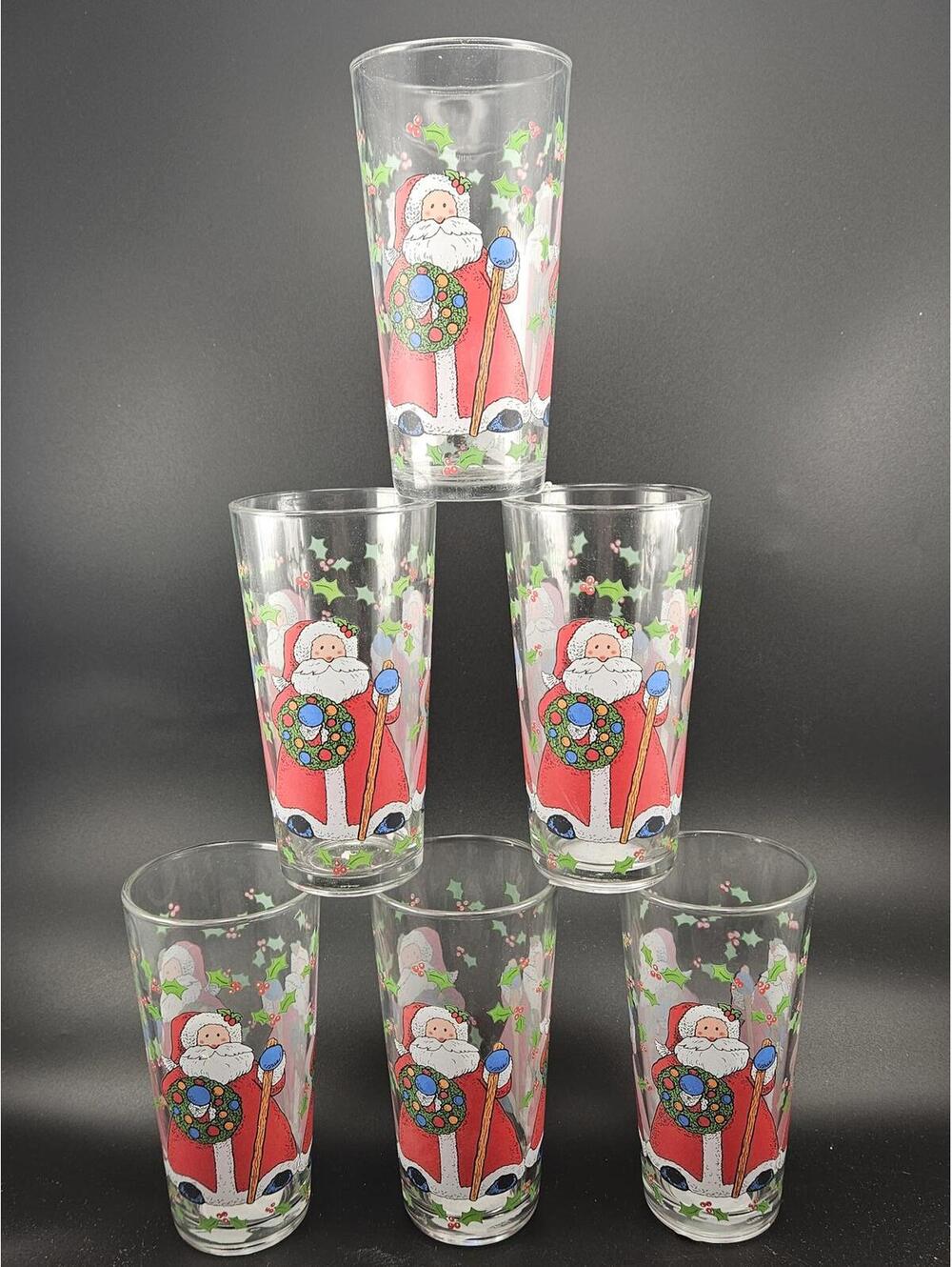 Vintage Christmas Santa Claus Tumblers Set of 6 KIG Glass Indonesia